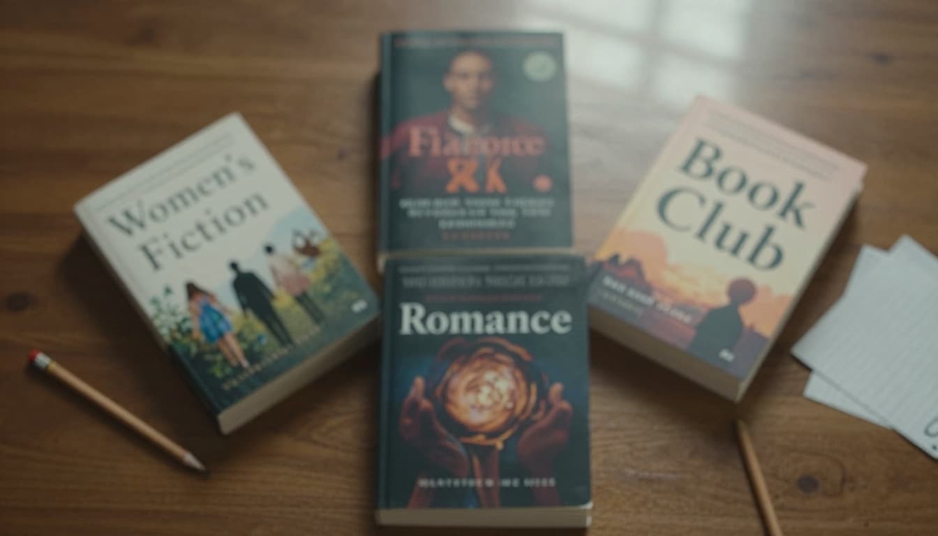 Hyperrealistic overhead view of a wooden desk with three blurred paperback books arranged in a Venn diagram formation labeled Women's Fiction, Romance, and Book Club, symbolizing genre blends. Scattered pencils, notes, and soft diffused window light create a thoughtful, creative atmosphere.