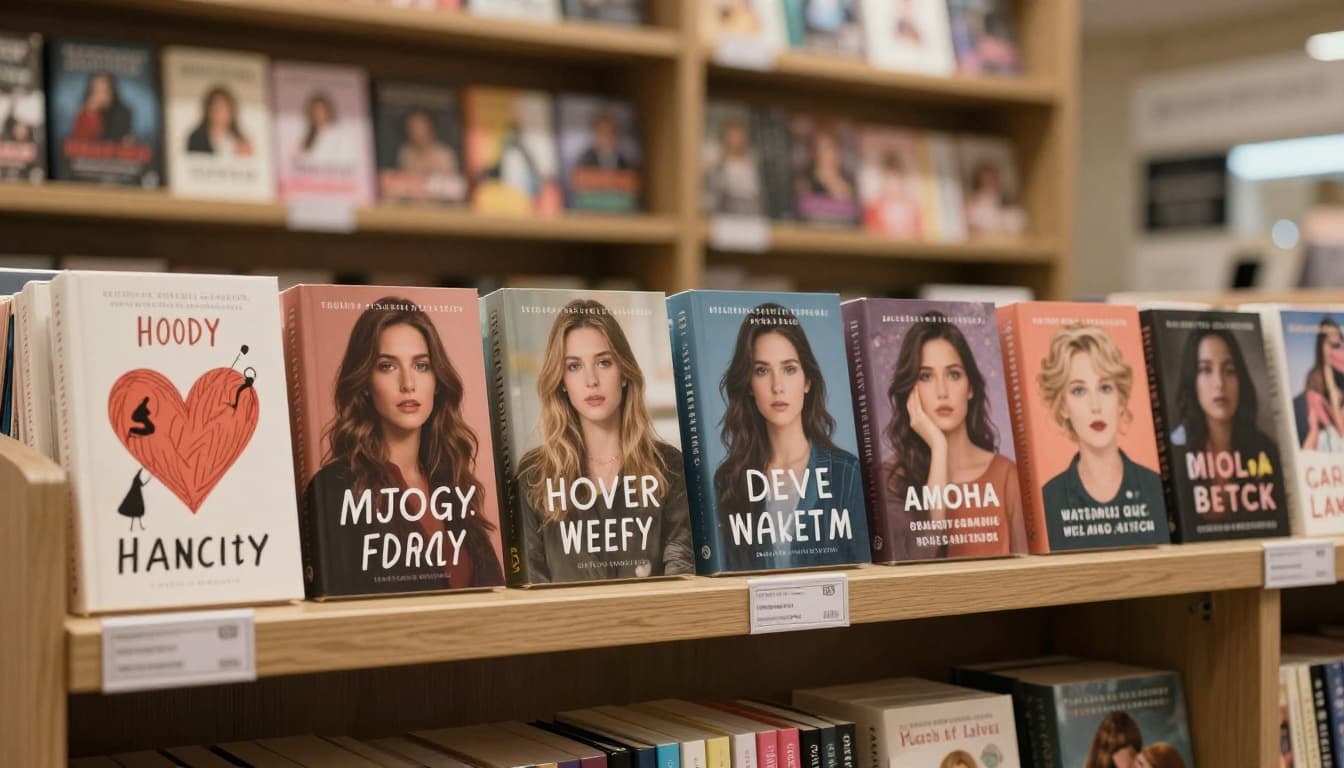 Hyperrealistic cinematic scene of a bookstore shelf with women's fiction, love story, and romance book covers side by side, featuring varied styles from illustrated hearts to realistic portraits under soft store lighting.