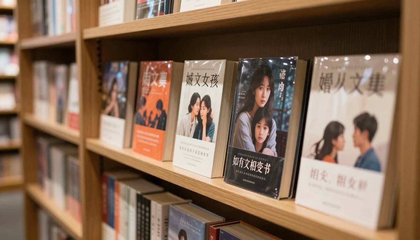 Hyperrealistic cinematic close-up of a wooden bookshelf in a bookstore displaying women's fiction and literary fiction books side by side with varied colorful covers slightly overlapping in soft lighting.