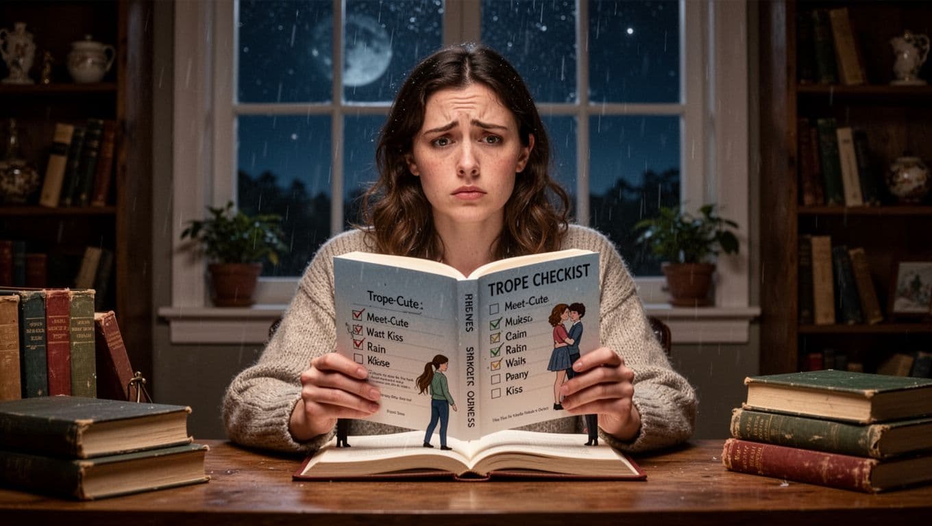 Hyperrealistic cinematic image of a female writer in her 30s at a desk in a cozy study, holding a book of trope checklists as predictable scenes like meet-cute and rain kiss play out on a small stage before her, looking bored with night sky visible through the window.