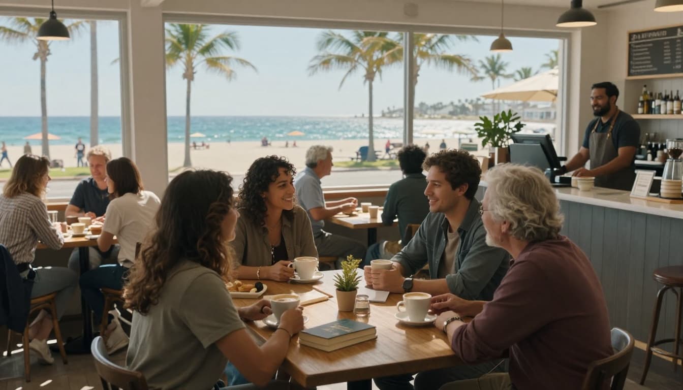 Hyperrealistic cinematic view of a lively beach town cafe with diverse patrons chatting over coffee amid book club books, owner smiling behind the counter, and large windows showcasing palm trees and ocean in bright daylight.