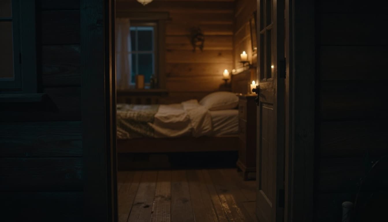 Tasteful view from outside a candlelit bedroom doorway in a cozy small town cottage, with soft flickering warm light illuminating wooden walls and a bed in soft focus. Inviting romantic atmosphere with shadows playing on the floor, hyperrealistic and photorealistic.