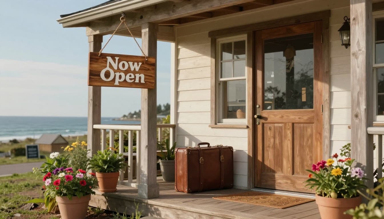 Hyperrealistic cinematic landscape of a charming coastal café with a freshly painted wooden 'Now Open' sign swinging in the breeze and a leather suitcase by the front door on the porch. Soft afternoon sunlight illuminates potted plants, colorful flowers, and the inviting wooden facade, evoking a hopeful new beginning.