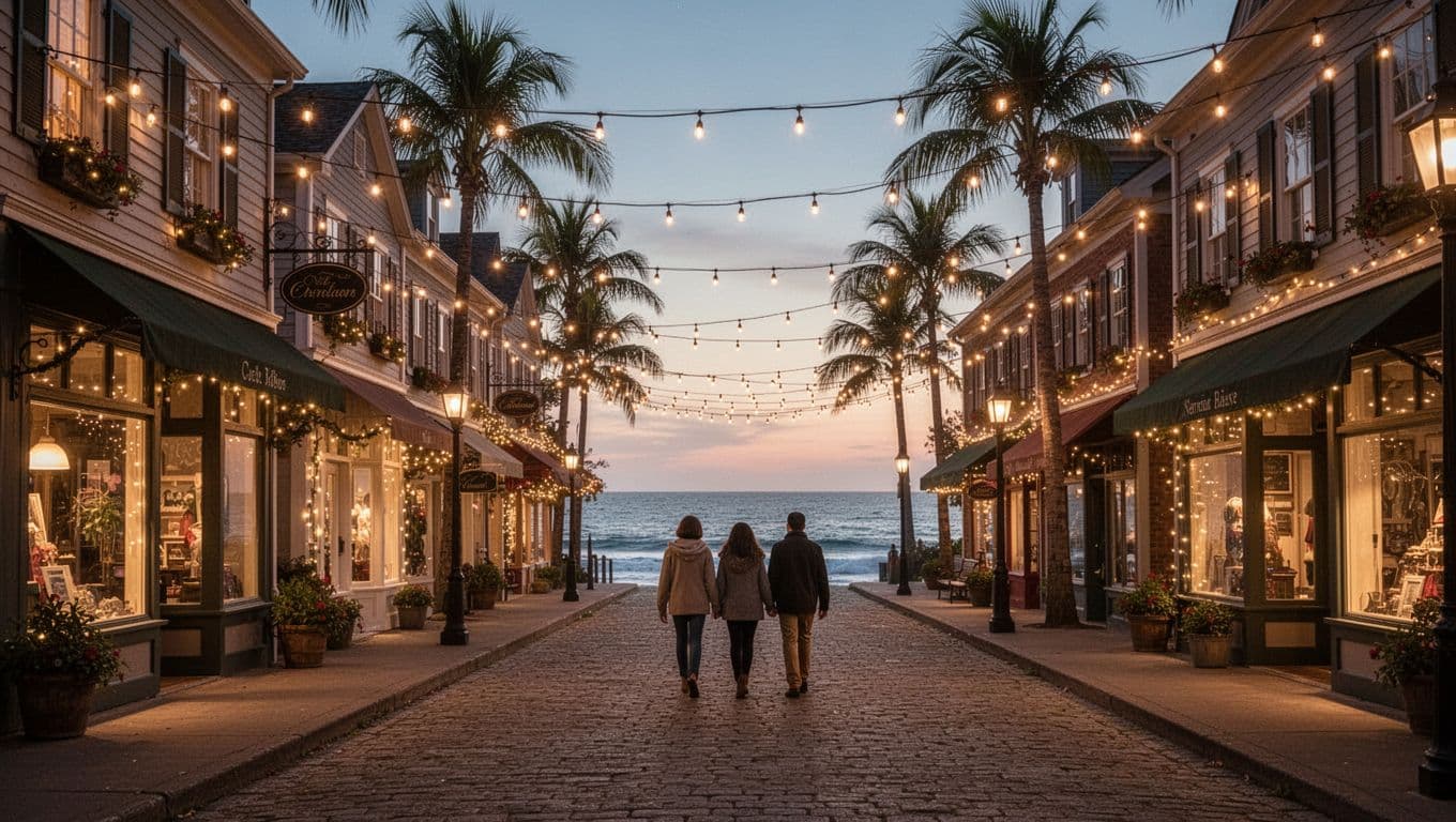 Hyperrealistic cinematic landscape of a small coastal town's main street at dusk, with quaint shops glowing warmly, string lights creating a festive atmosphere, three distant figures walking hand in hand, cobblestone sidewalks, ocean horizon between buildings, and swaying palm trees.