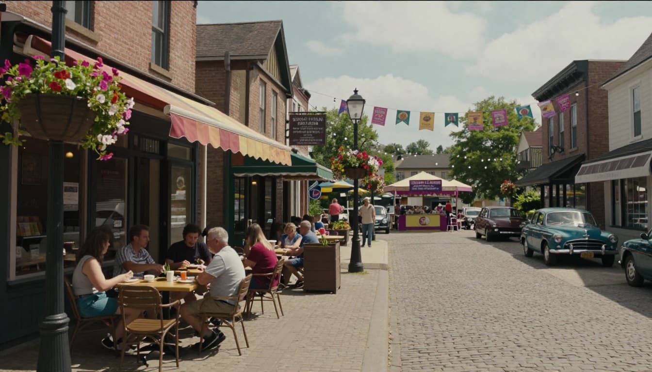 Photorealistic scene of a quaint small-town main street on a sunny afternoon, featuring a colorful café with outdoor seating and a lively town square preparing for a summer festival.
