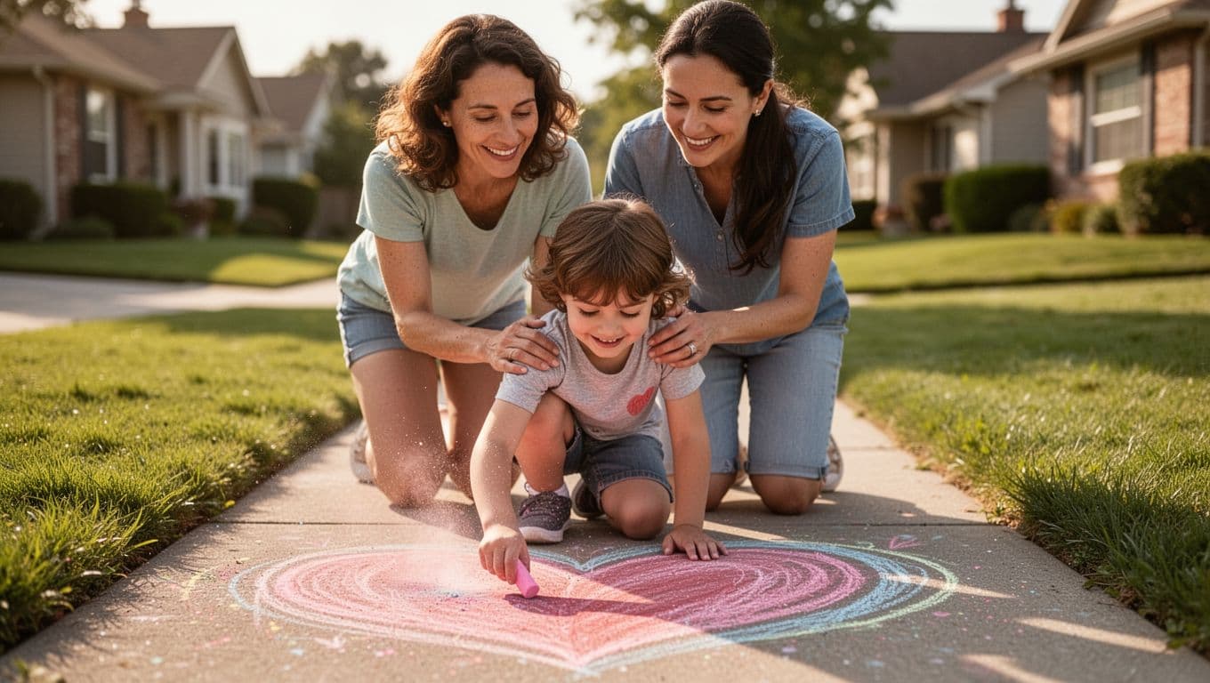 A 5-year-old child kneels on a sunny suburban sidewalk drawing large pink and red hearts with colorful chalk, while two smiling adults stand close behind with gentle hands on the child's shoulders. The photorealistic scene captures joyful family bonding with soft-focused green grass and houses in natural daylight.