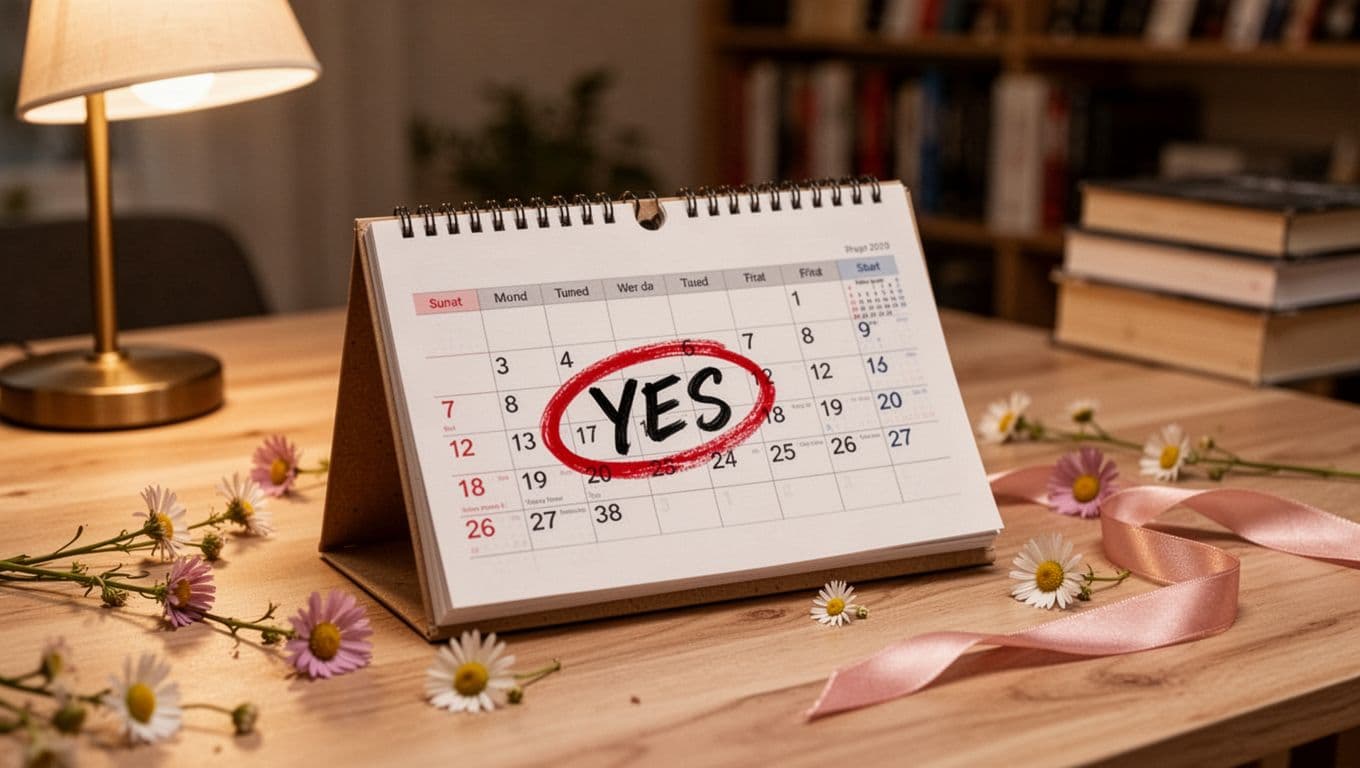 Hyperrealistic close-up of an open paper desk calendar on a light oak table in warm lamplight, with one date circled in red marker and 'YES' handwritten inside, surrounded by scattered wildflowers and a ribbon in a blurred cozy home office.