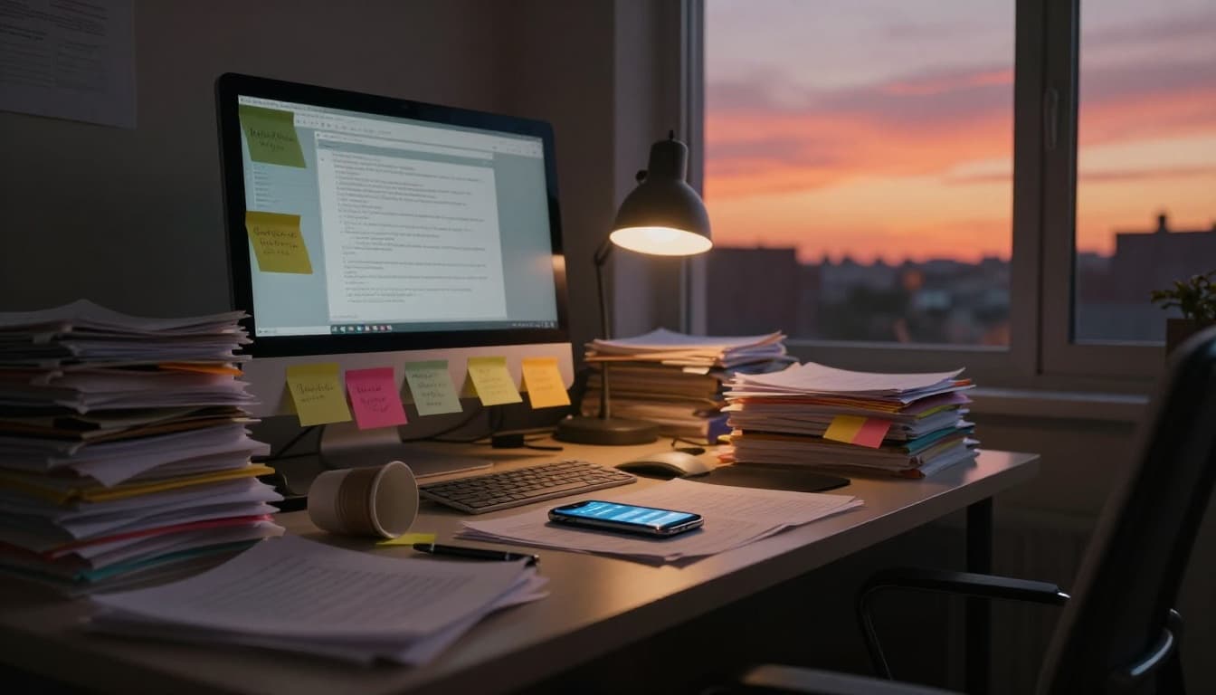 Hyperrealistic image of a messy home office desk piled with papers, sticky notes on monitor and lamp, buzzing smartphone, spilled coffee cup, and scattered pens, with a vibrant sunset casting warm glow through the window amid dim interior lighting, evoking overwhelm.