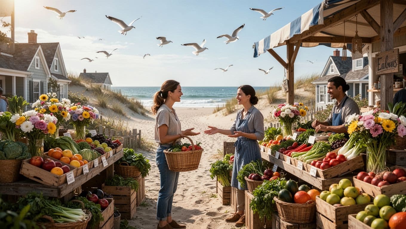 Hyperrealistic photorealistic image of a woman in her 30s chatting with a vendor at a cozy coastal small town farmers market stall with fresh vegetables, fruits, and flowers. Background features beach dunes, ocean horizon, quaint cottages, seagulls, under bright natural light with vibrant colors and joyful mood.