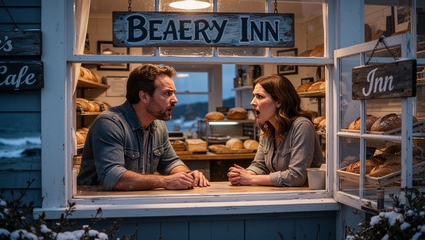 Hyperrealistic cinematic closeup of a family business storefront in a small coastal town at blue hour, showing two co-owners—a man and woman—engaged in a constructive argument inside, viewed through the window with warm interior lights contrasting cool evening exterior.