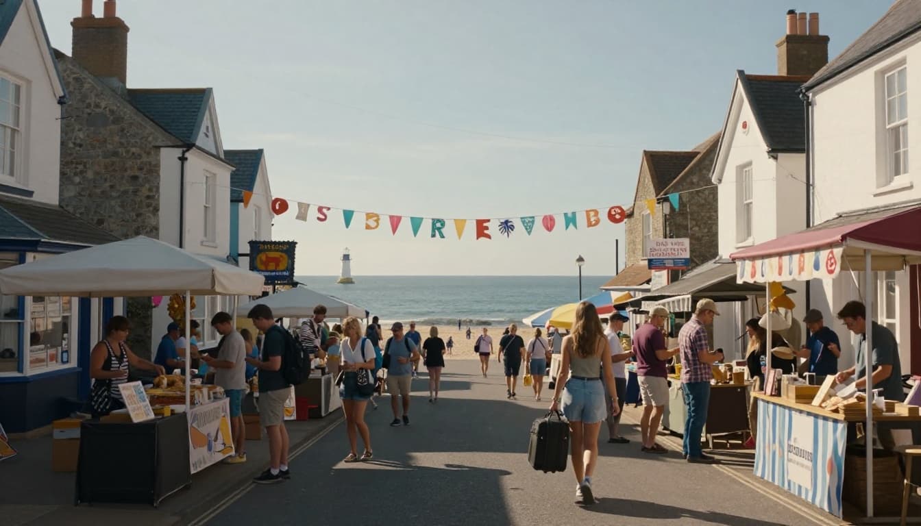 Hyperrealistic wide shot of a lively coastal small town street during a summer festival, with a woman carrying a suitcase approaching her inherited beach house, ocean and lighthouse in the distance under golden hour lighting.