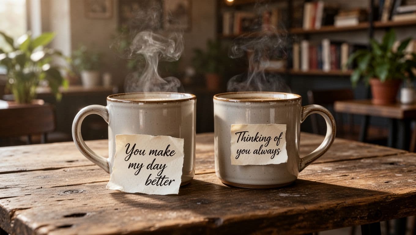 Hyperrealistic photorealistic image of two ceramic coffee mugs side by side on a weathered wooden cafe table in soft morning light, with handwritten notes reading 'You make my day better' and 'Thinking of you always' tucked under each, faint steam rising, blurred cozy cafe background.