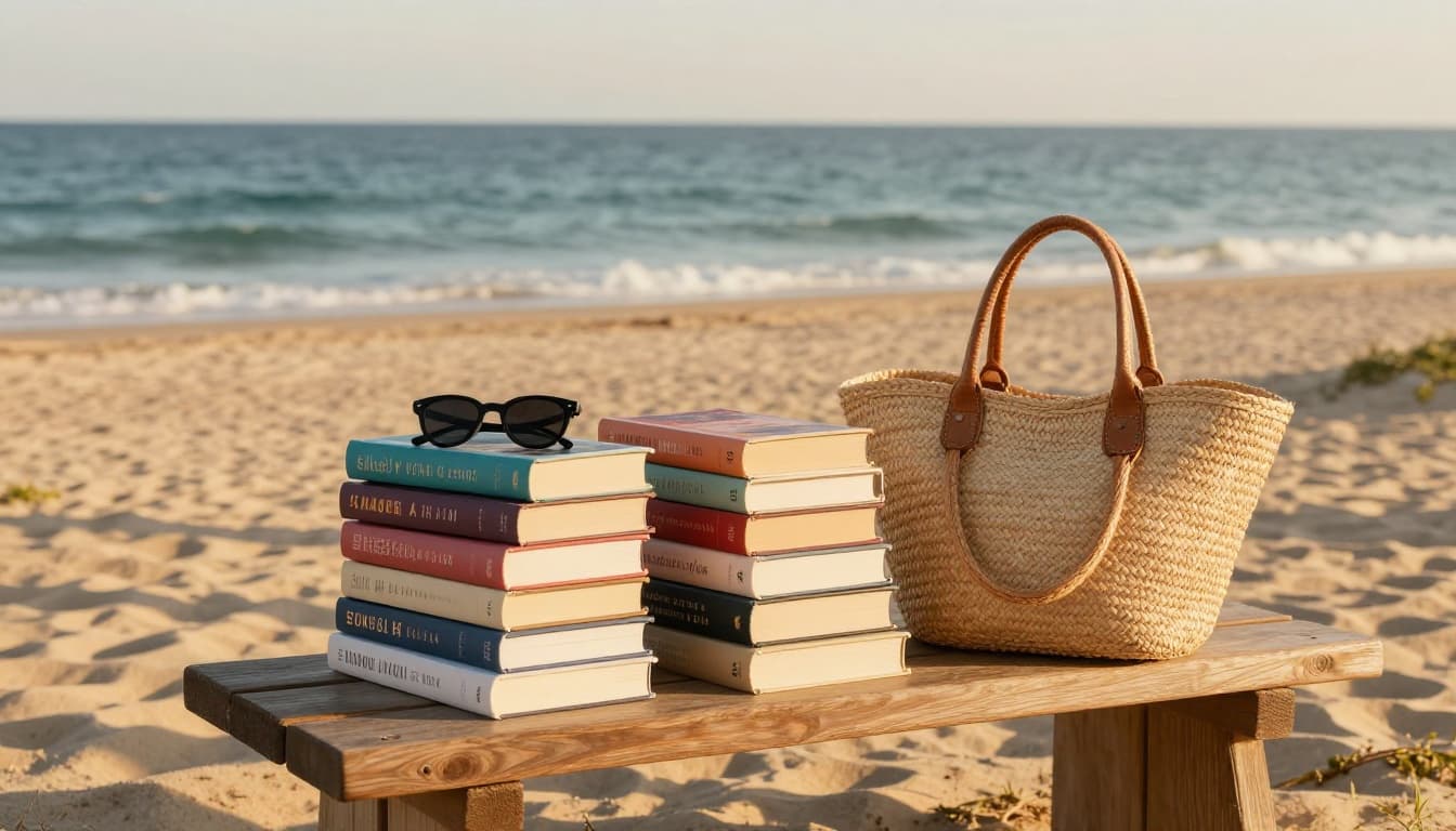 Hyperrealistic image of colorful paperback romance novels stacked on a wooden bench overlooking a serene beach at golden hour, with a straw tote bag and sunglasses. Calm ocean waves in soft focus, warm sunlight casting shadows on the sand path, peaceful coastal vibe with high-detail textures.