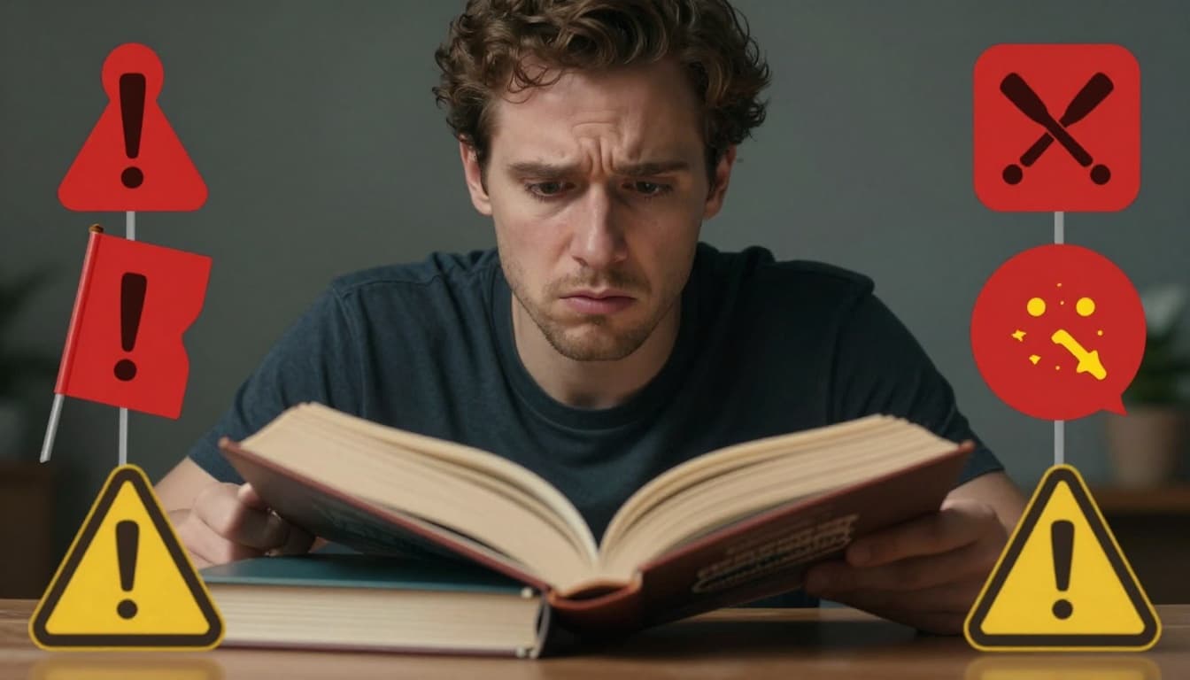 Hyperrealistic cinematic illustration showing a frustrated reader with a mismatched book, surrounded by red flags, wrong ending promise icons, and warning symbols evoking emotional disappointment.