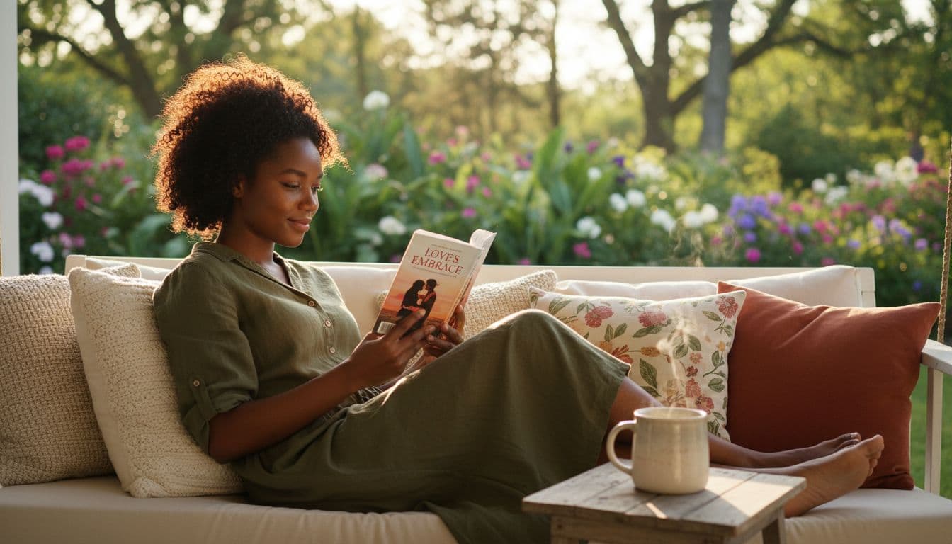 A confident young Black woman with curly hair relaxes on a cozy porch swing in golden hour light, deeply immersed in a vibrant romance novel while smiling softly. A steaming mug of tea, scattered pillows, lush trees, and blooming flowers enhance the warm, joyful atmosphere.