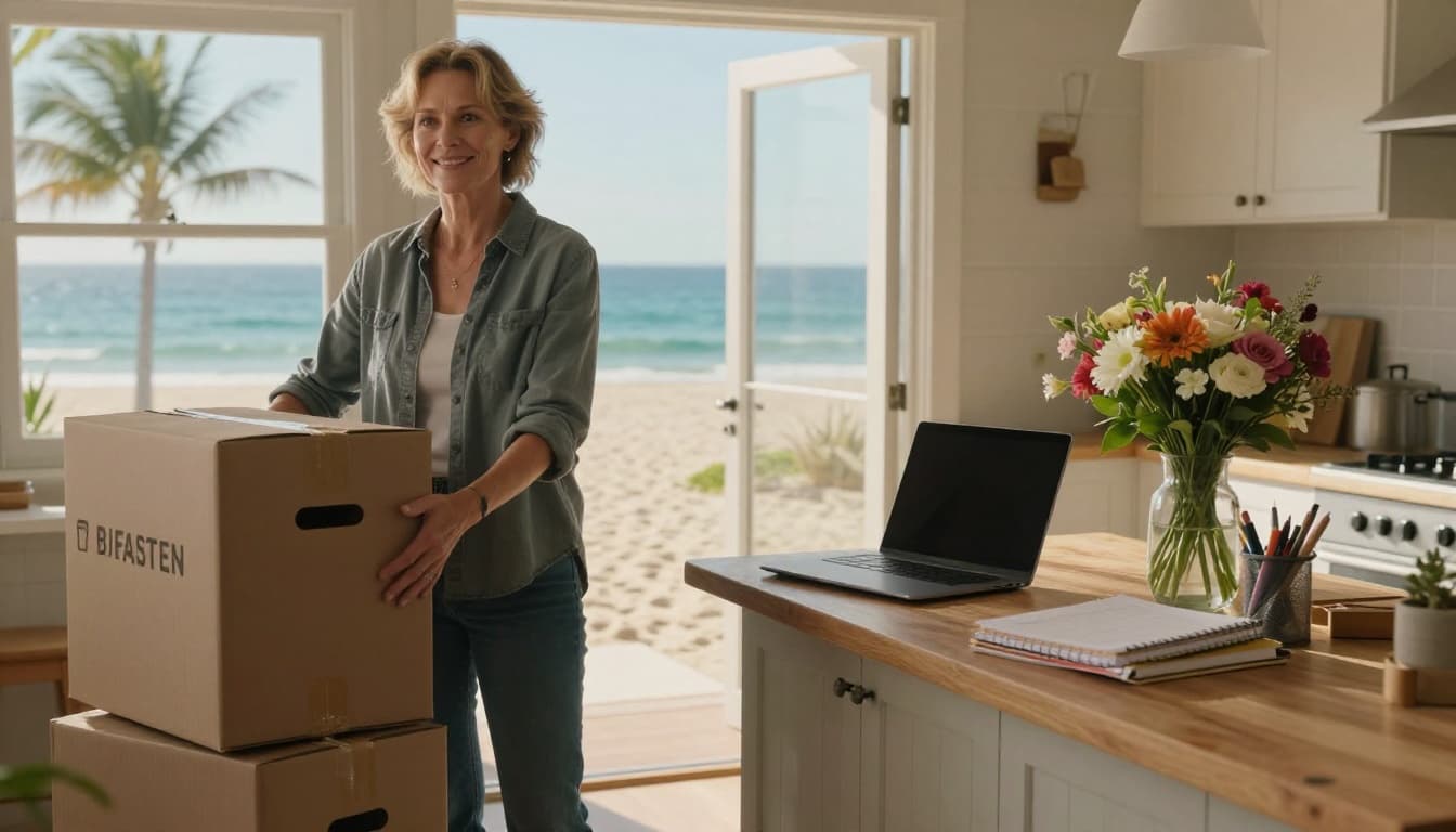 Hyperrealistic cinematic landscape of a woman in her 50s standing confidently in a sunlit beach cottage kitchen, unpacking boxes with a determined smile, open window revealing endless ocean and palm trees, fresh flowers and new career symbols like laptop and notebooks nearby, conveying hopeful reinvention.