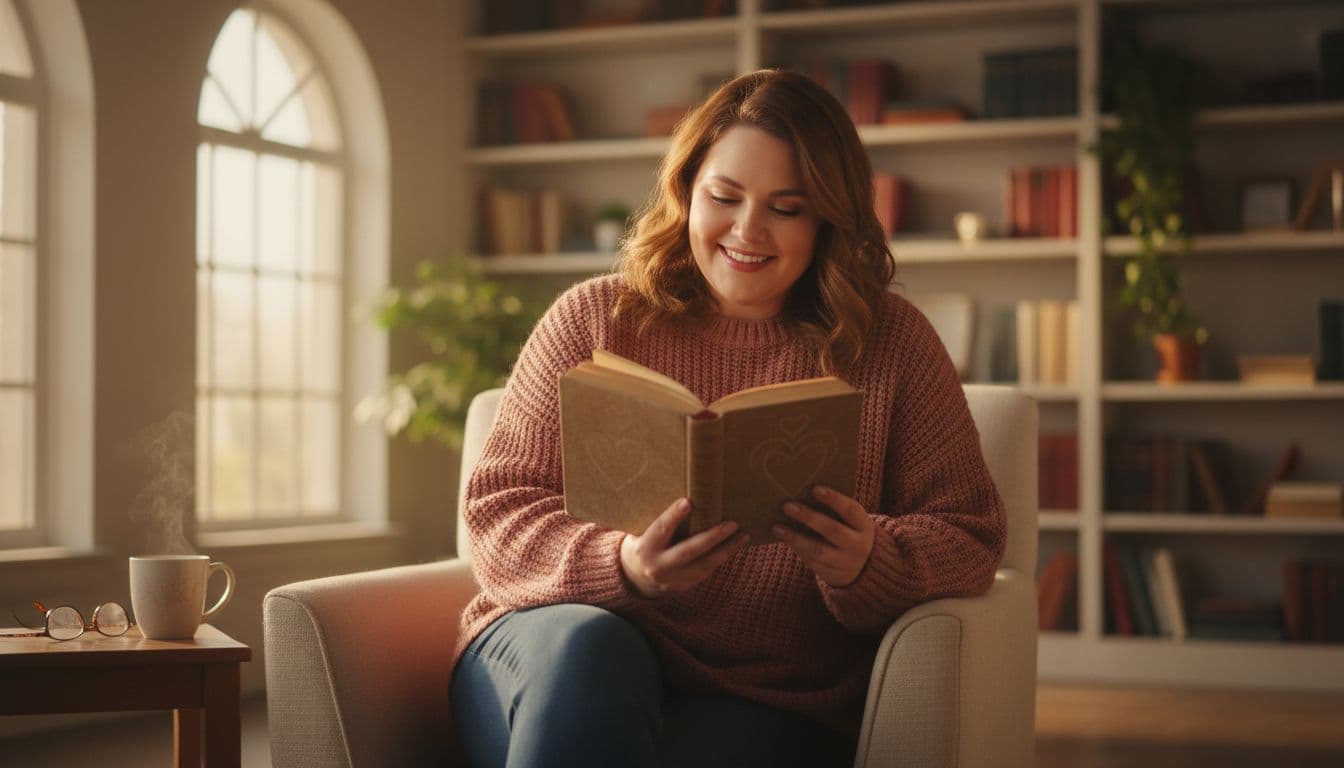 Hyperrealistic cinematic image of a confident plus-size woman in her late 20s with soft curves, sitting on a plush armchair in a sunlit living room, deeply engrossed in a romance novel with a joyful smile amid warm golden hour light.