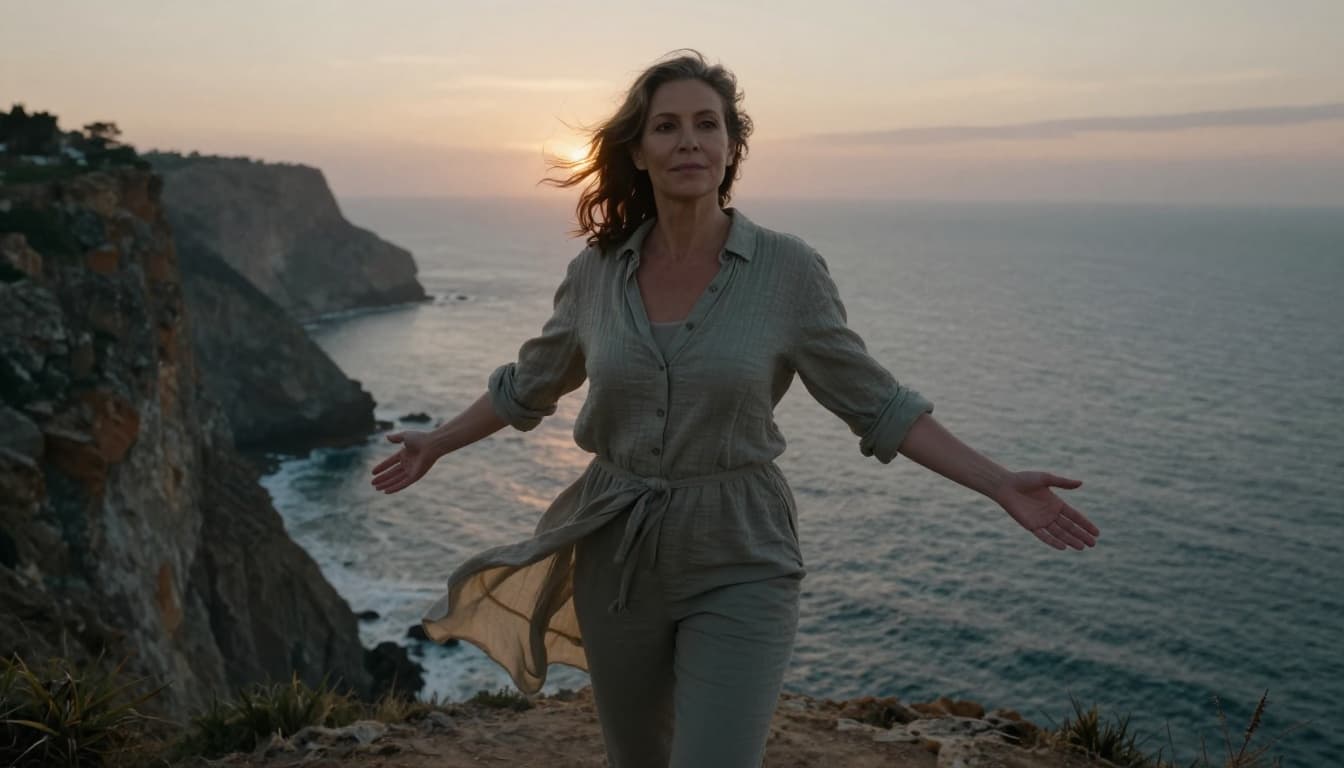 Hyperrealistic cinematic portrait of a middle-aged woman standing confidently on a cliff overlooking the sea at dawn, with peaceful resolve, wind-swept hair, and soft sunrise lighting.