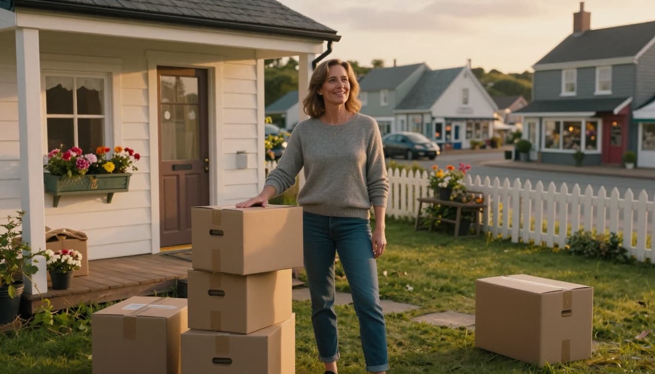 Hyperrealistic cinematic image of a confident woman in her 40s smiling with empowerment outside a cozy coastal cottage, surrounded by moving boxes under golden hour sunset light.