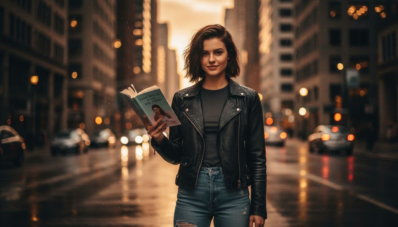 A confident young woman with short hair stands tall in a modern city street at dusk, holding an open romance novel, wearing a leather jacket and jeans amid blurred city lights.