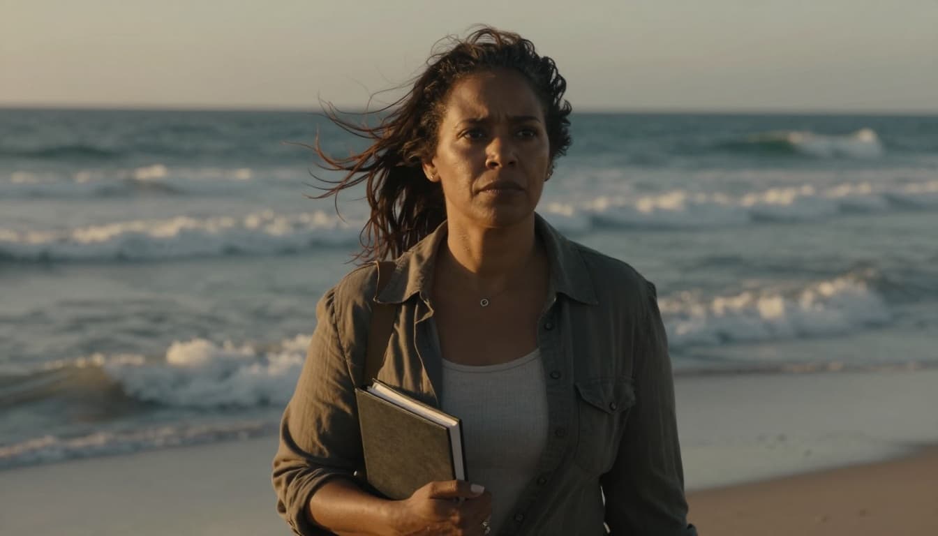 Hyperrealistic close-up of a middle-aged woman walking on a beach at dawn, looking reflective with wind-swept hair, carrying a journal amid gentle crashing waves and soft golden light, symbolizing personal growth and life's journey.