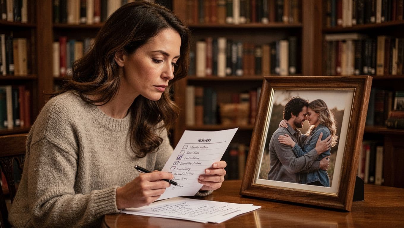 Hyperrealistic cinematic landscape of a woman thoughtfully reviewing a paper checklist while gazing at a framed photo of an emotional couple embracing, in soft warm library lighting with bookshelves background.