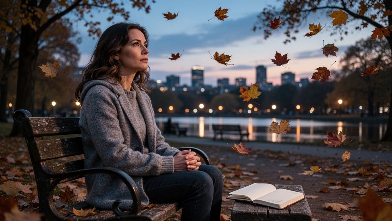 Hyperrealistic cinematic landscape depicting a thoughtful woman sitting on a park bench at dusk, with gently falling autumn leaves, distant city lights twinkling, and an open journal nearby symbolizing introspection and healing.