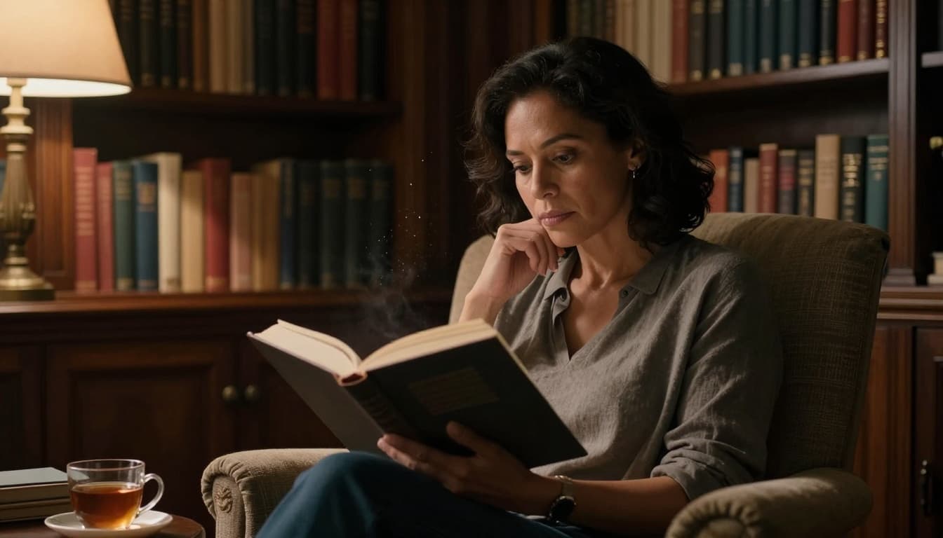 Hyperrealistic cinematic scene of a woman in her 40s immersed in a thick novel in a cozy home library, with soft lamp light, dust motes, and a cup of tea nearby.