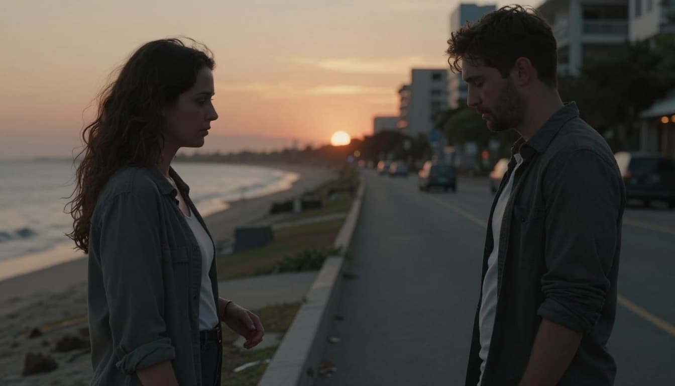 Hyperrealistic split-scene image of a woman healing family wounds on a beach walk and a man facing grief on a city street, their paths converging in the center with a romantic spark under sunset lighting.