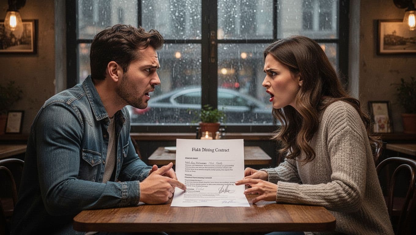 Hyperrealistic cinematic image of a man and woman in a cozy cafe arguing over a fake dating contract on the table, with rain outside the window and forced expressions.