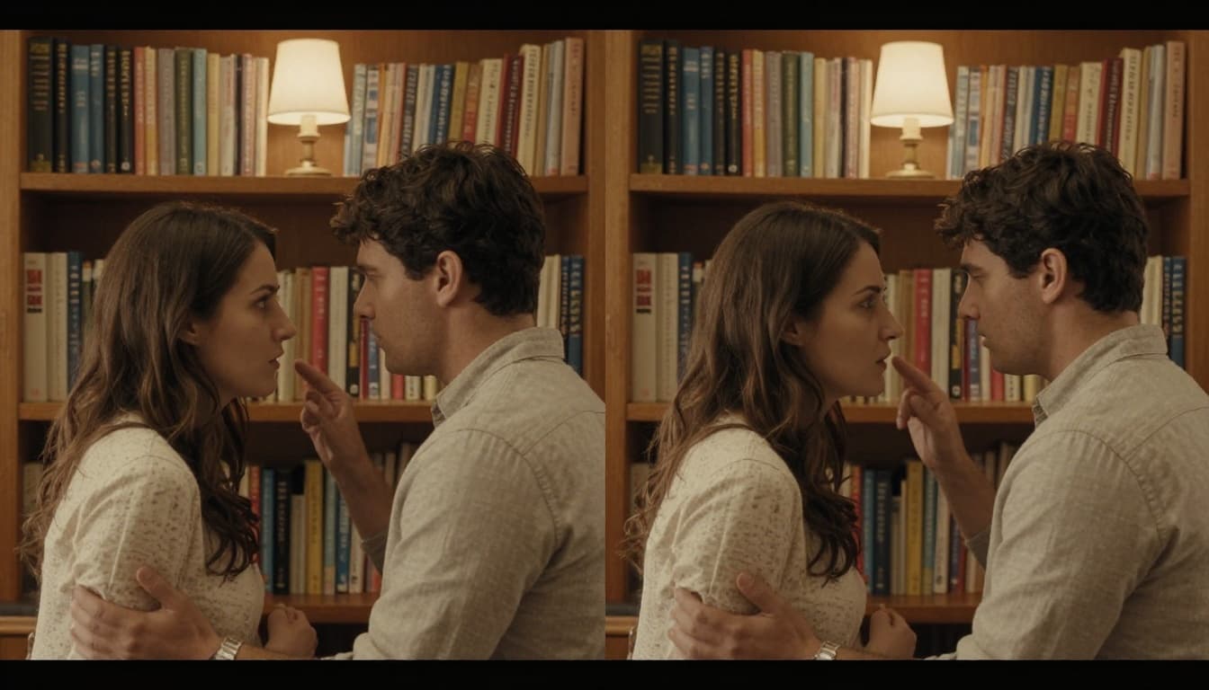 Hyperrealistic cozy romantic image of two identical side-by-side scenes on a split book page showing a couple arguing then reconciling from different angles with repetitive feel, wooden bookshelf background, warm earthy tones.