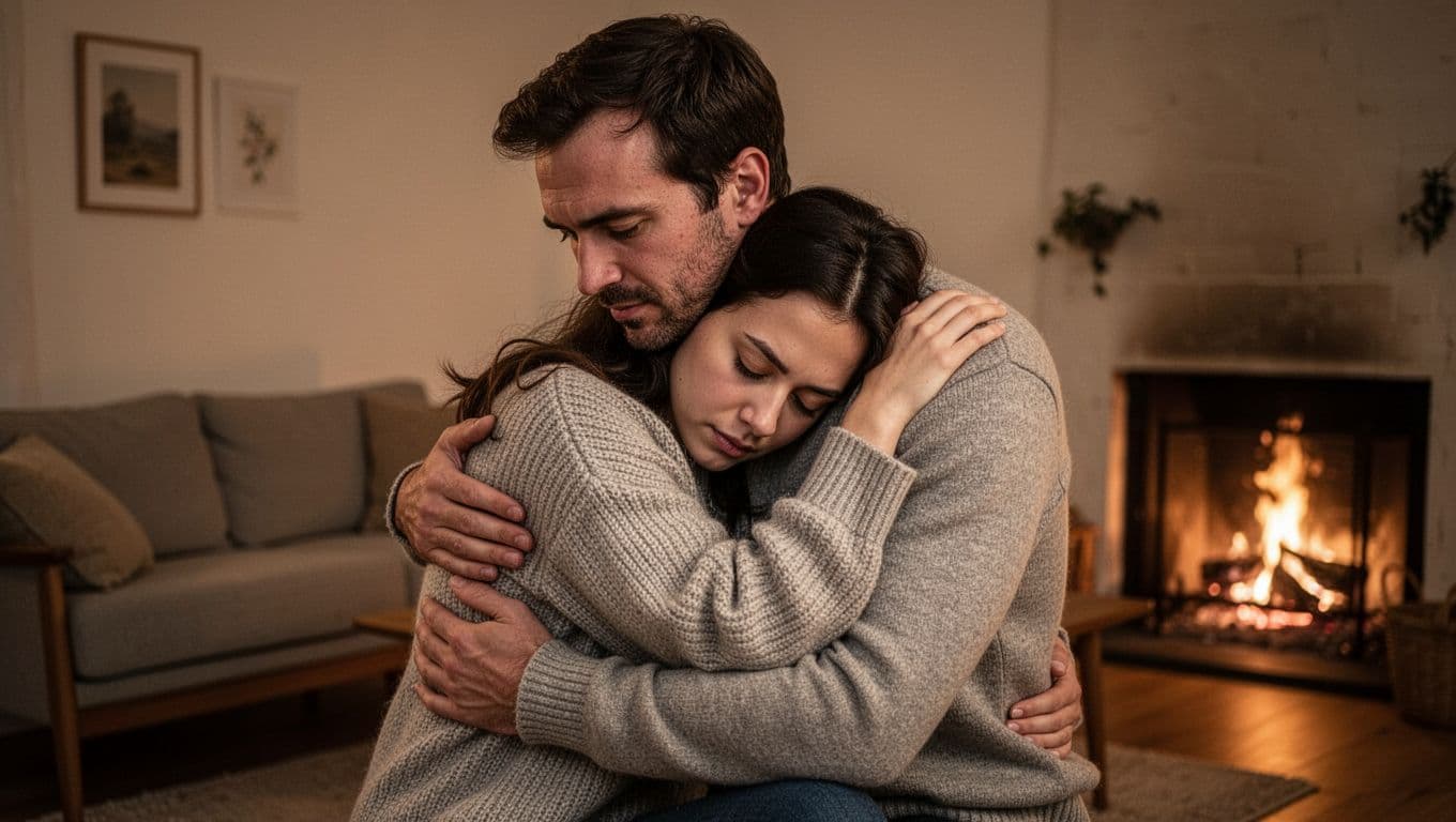 Hyperrealistic cinematic image of a couple hugging tightly for emotional comfort in a warm firelit living room, with the woman resting her head on the man's protective shoulder, eyes closed in seeking belonging.