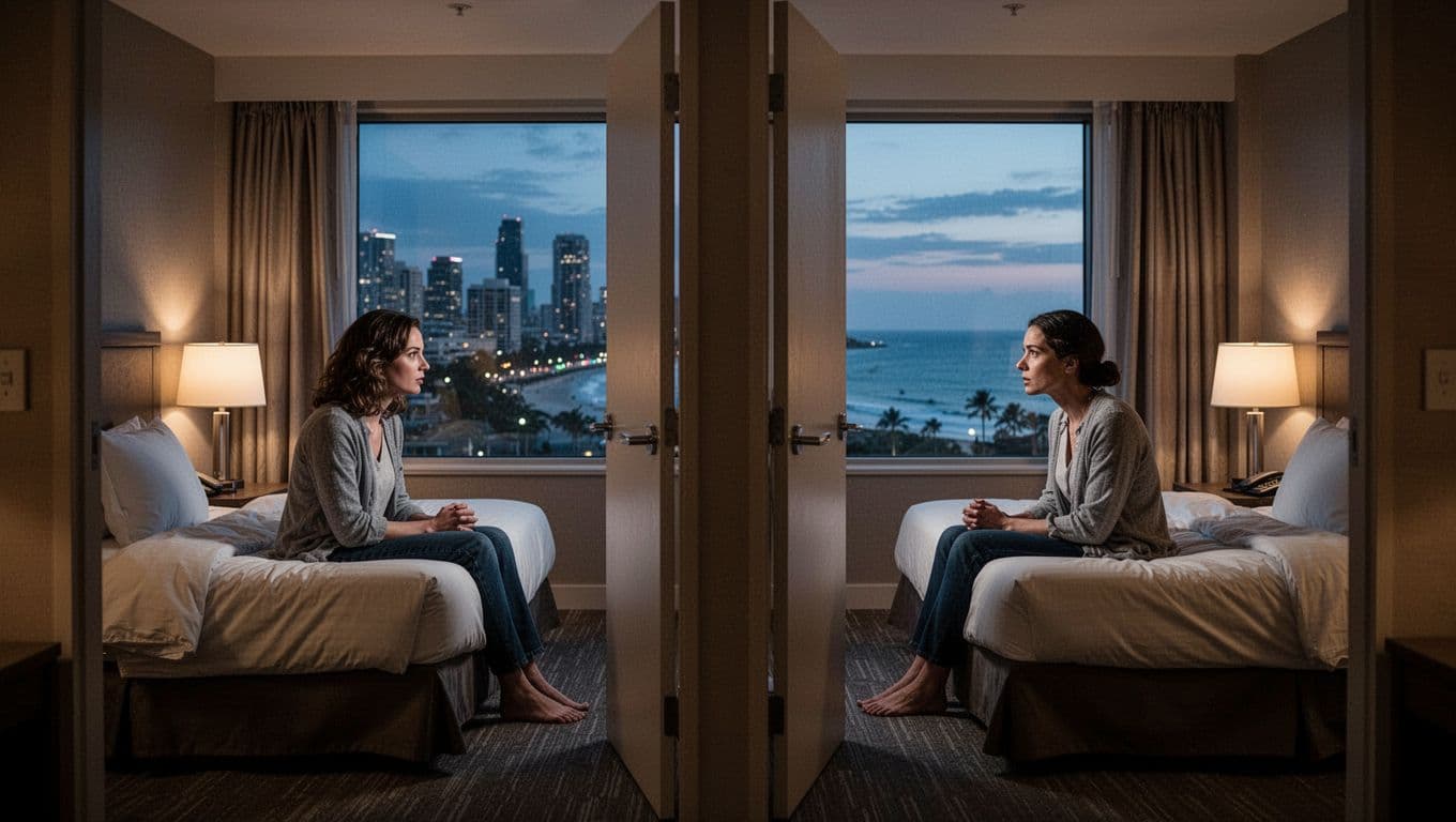Hyperrealistic cinematic image of a couple in adjacent hotel rooms divided by an open door, sitting on beds for an honest late-night conversation under soft bedside lamp light with a city skyline view. The mood shifts from tension to relief in relaxed postures, twisting the one bed trope.