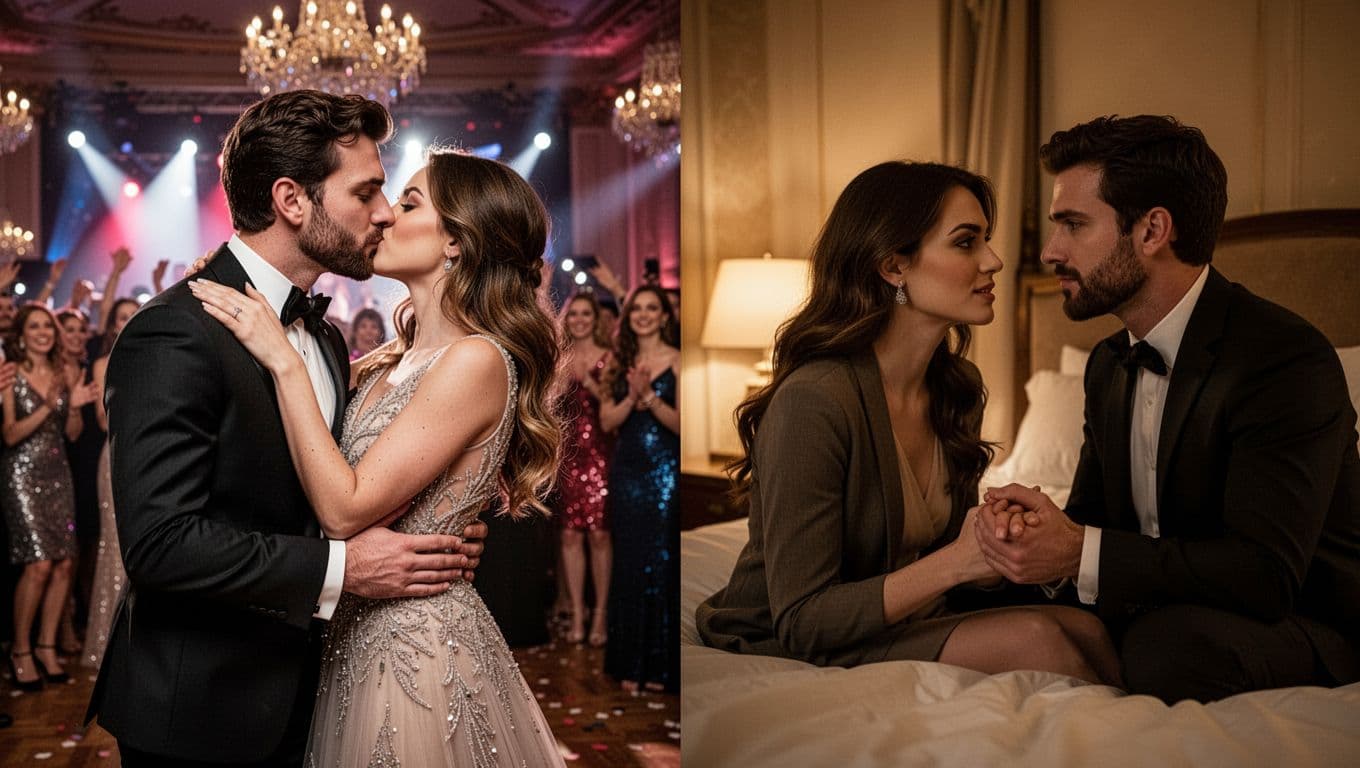 Hyperrealistic split-scene contrasting a couple's dramatic public kiss at an elegant event on the left with their quiet, genuine conversation in a cozy bedroom on the right, shifting from performative to real connection.