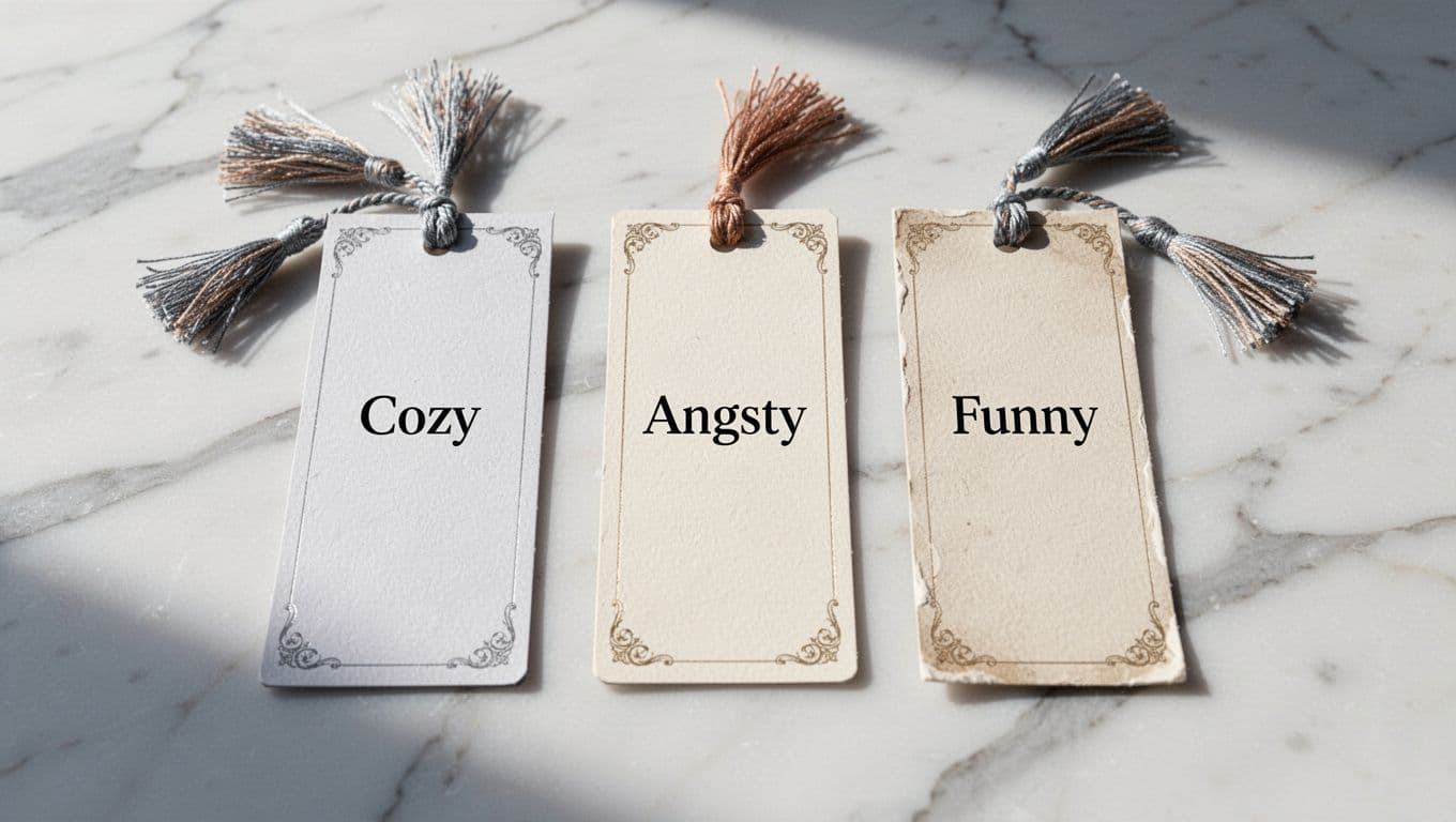 Hyperrealistic, photorealistic image of three simple paper bookmarks labeled 'Cozy', 'Angsty', and 'Funny' laid side by side on a white marble surface with subtle decorative tassel edges and soft overhead lighting casting gentle shadows.