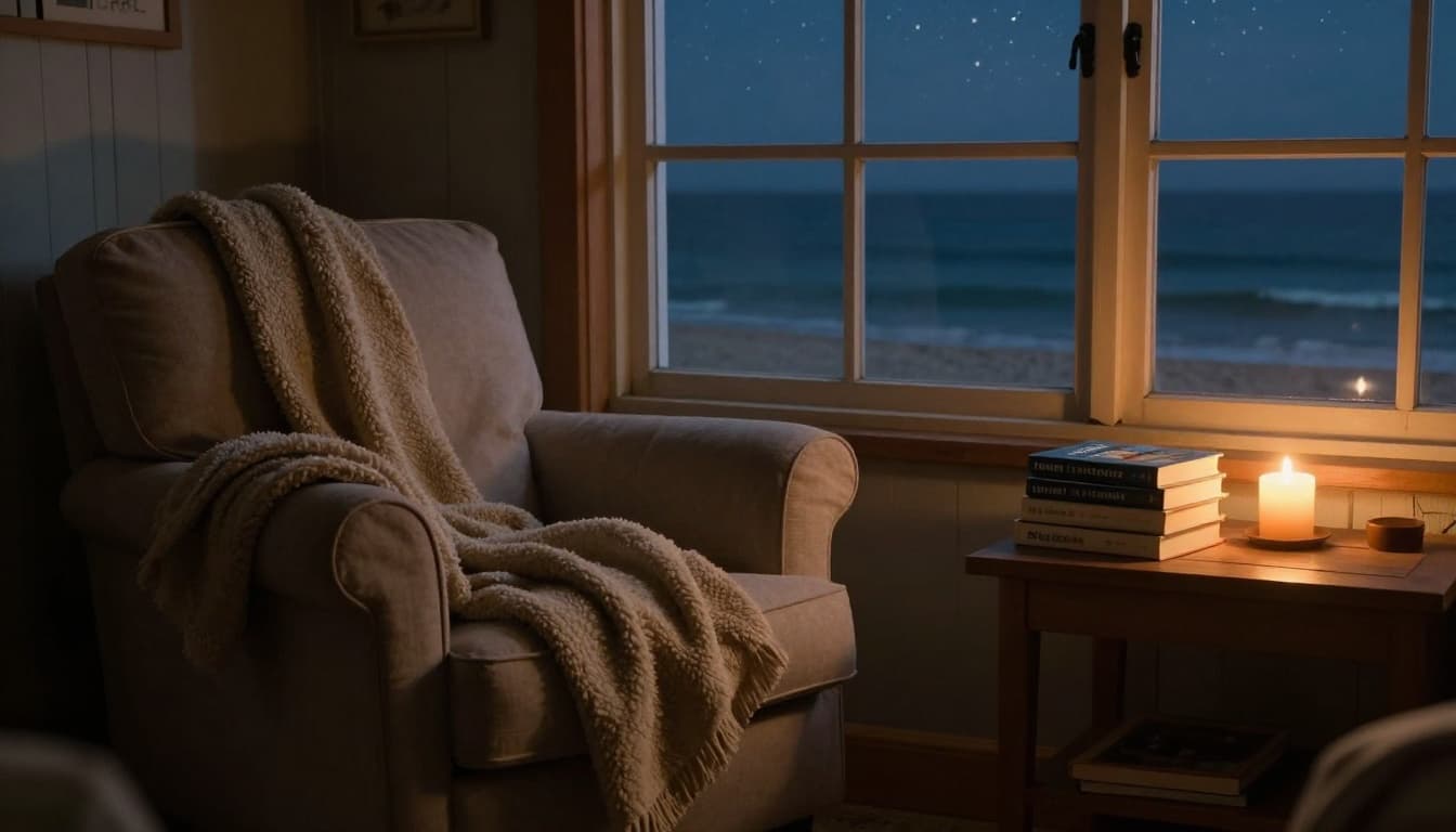 Hyperrealistic cinematic scene of a cozy beach cottage interior at dusk, with warm lamp light illuminating a plush armchair piled with blankets and beach reads, a flickering candle, and a window revealing a starry ocean night, evoking a serene and inviting atmosphere with rich textures and soft shadows.