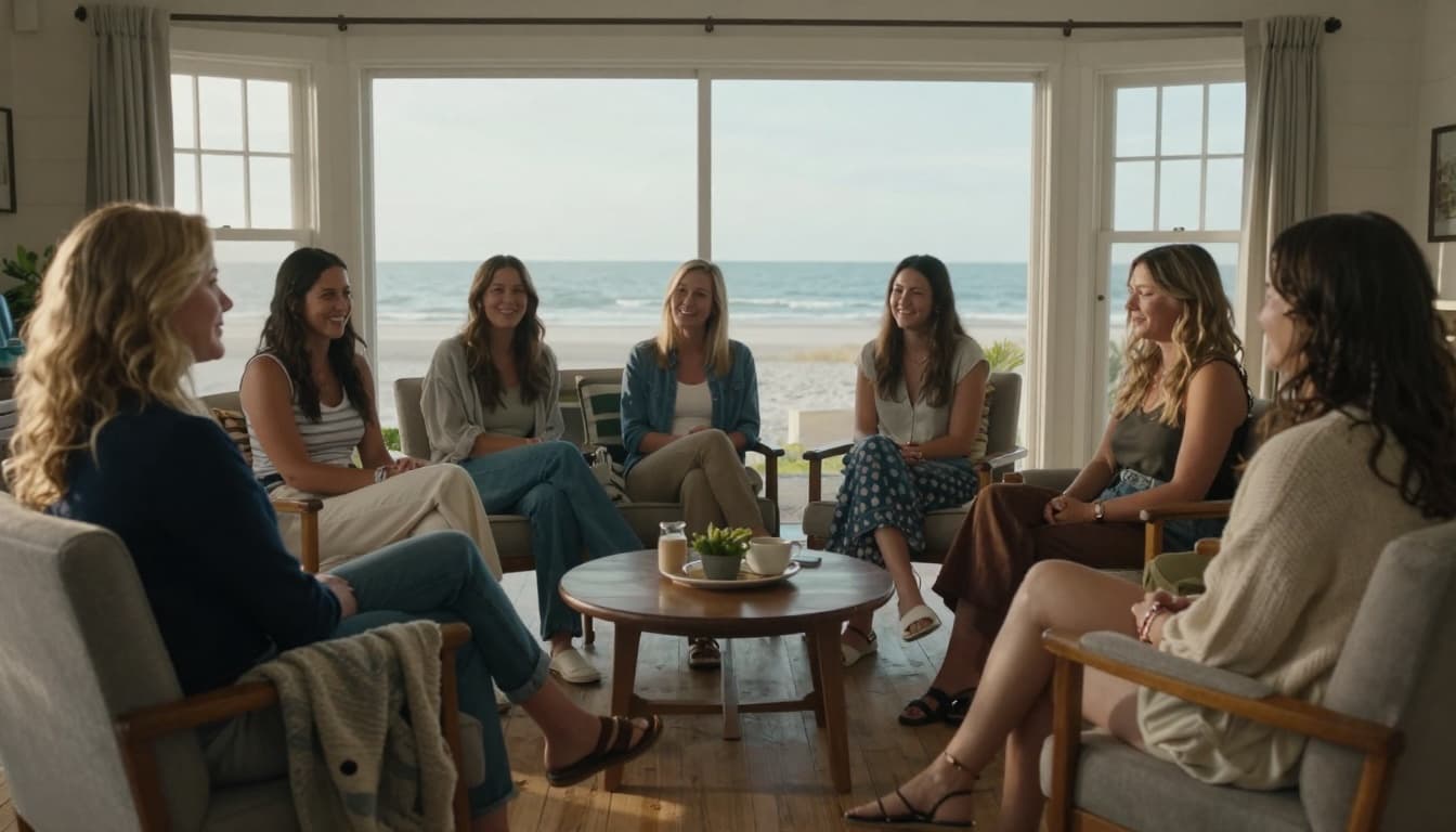 Hyperrealistic cinematic scene in a beach cottage living room with close women friends sitting in a circle on comfortable chairs; a strong loyal woman in the foreground listens attentively with a subtle smile while others laugh, soft afternoon light illuminates the ocean view through large windows, wooden floors, and cozy blankets evoke strength, humor, and loyalty.