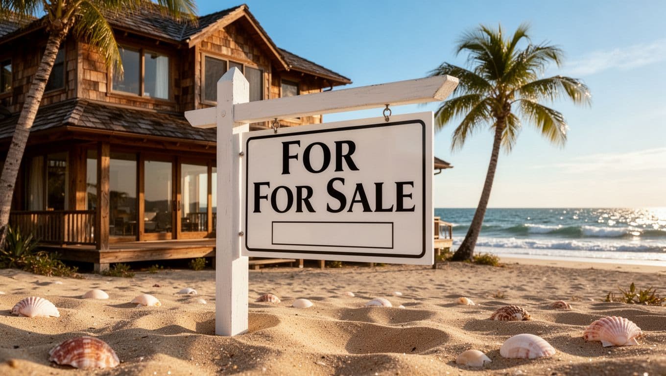Hyperrealistic image of a classic white 'For Sale' sign in the sandy yard of a two-story wooden beach house with large windows, porch, overlooking the ocean, palm trees, seashells, golden sunlight.