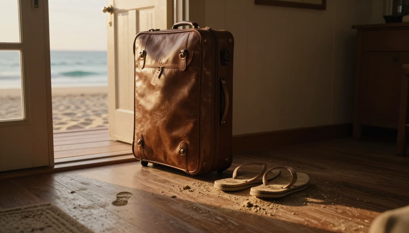 Hyperrealistic cinematic scene of an open front door in a cozy beach house interior, featuring a brown leather suitcase and sandy flip-flops on the wooden floor with scattered sand grains, warm golden sunlight streaming through, and a blurred distant ocean view evoking impending departure.