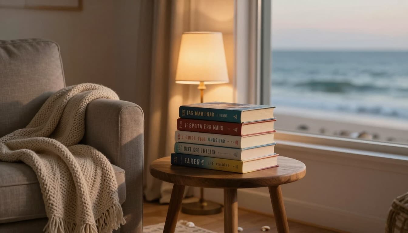 Hyperrealistic cinematic image of a cozy reading corner in a beach house with stacks of women's fiction and clean romance novels on a wooden side table next to an armchair draped with a knitted throw, soft lamp light, open window showing ocean waves, seashells on floor, serene mood.