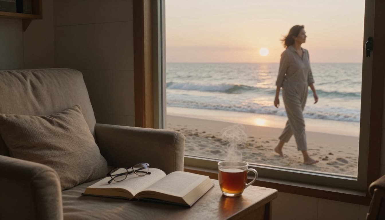 Hyperrealistic image of a cozy reading nook in a beach house with an open book, reading glasses, and steaming tea on a plush armchair by a large window overlooking the ocean at sunrise. A thoughtful woman walks barefoot on the sandy beach in soft golden light in the distance.