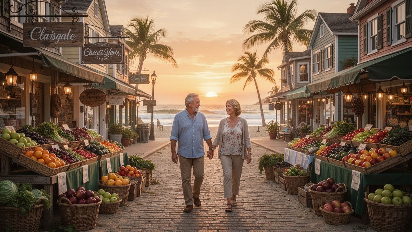 Hyperrealistic cinematic landscape of a charming small beach town during golden hour sunset, with a couple strolling hand-in-hand through a farmers market on the main street, ocean waves and palm trees in the background, bathed in warm oranges and golds.