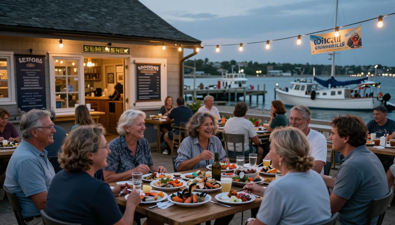 Hyperrealistic photorealistic scene of locals of all ages chatting and laughing over fresh seafood outside a casual shack at evening, with string lights, marina, fishing boats, and summer festival banners, filling the entire canvas edge to edge.