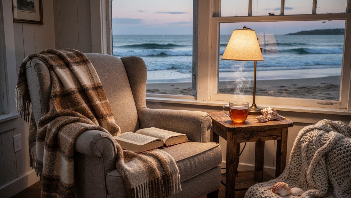 Hyperrealistic cinematic landscape of a cozy reading nook in a beachside cottage, with armchair, plaid blanket, book, steaming tea mug, reading lamp, and large window showing calm ocean waves at dusk.