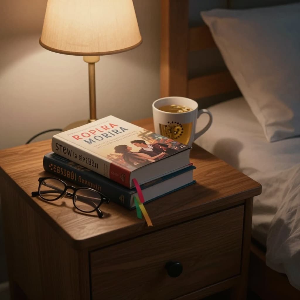 Hyperrealistic, photorealistic image of a wooden nightstand in a softly lit cozy bedroom at dusk, with stacked paperback books on women's fiction and romance, reading glasses, chamomile tea mug, and warm lamp glow creating an inviting bedtime reading atmosphere.
