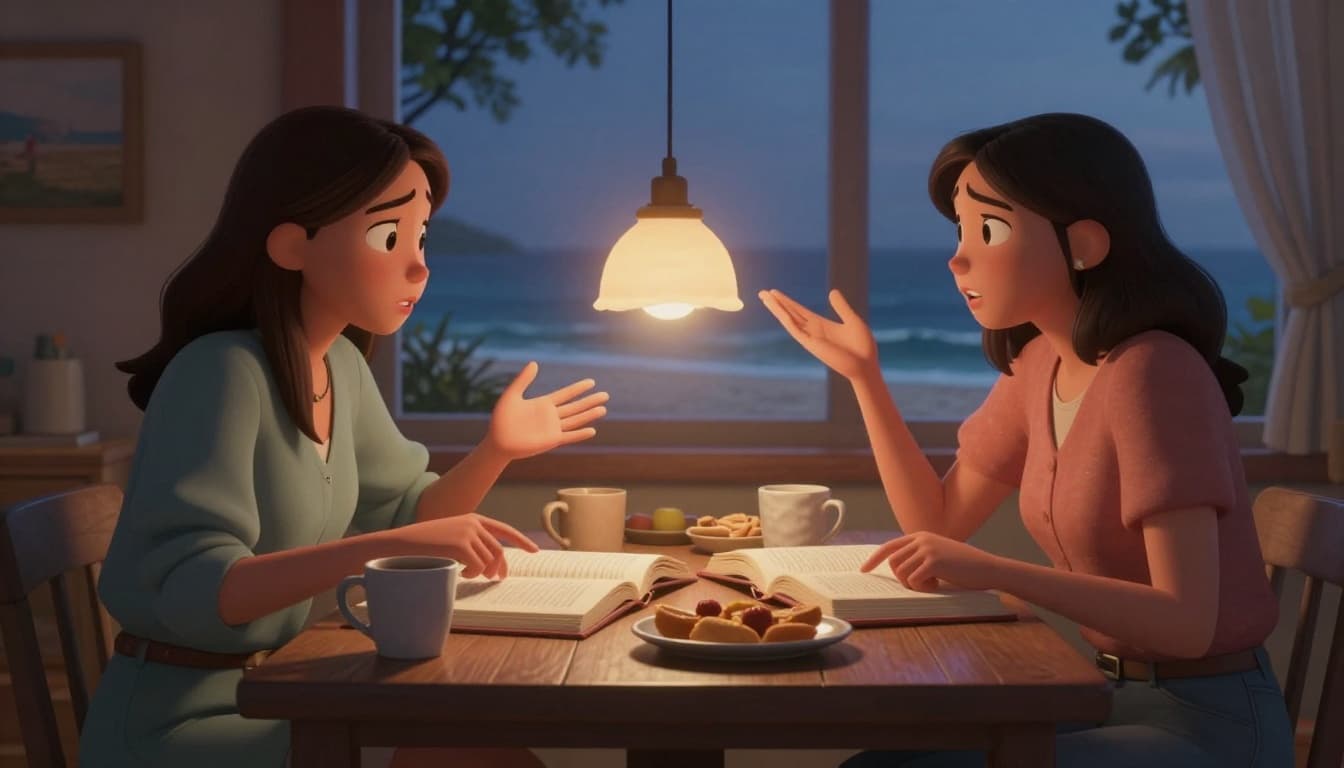 Hyperrealistic image of two women friends animatedly discussing a book in a cozy beach house book club setting, with gestures, open book, coffee mugs, snacks, evening lamplight, and ocean view.