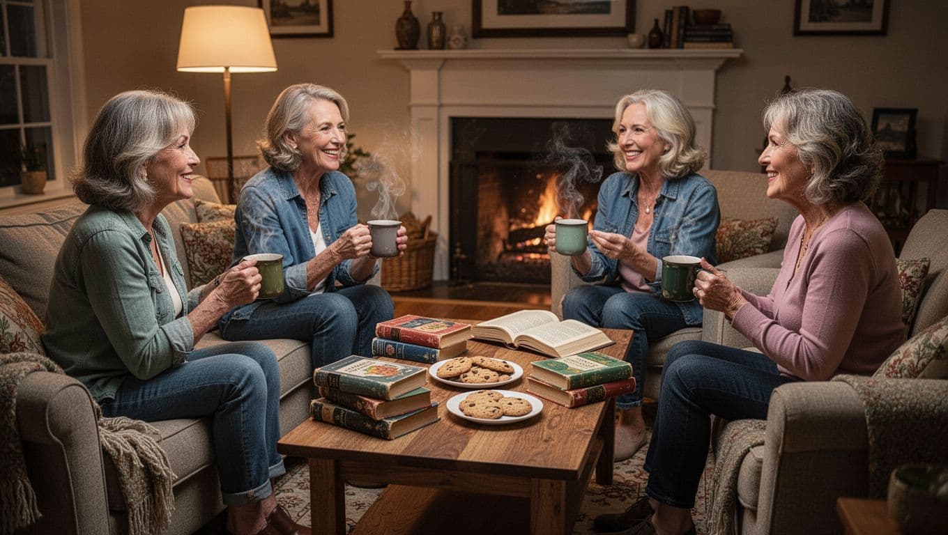 Hyperrealistic photorealistic image of four middle-aged women in casual clothes seated in a circle on soft couches and armchairs in a cozy living room, chatting animatedly around a low wooden coffee table with steaming mugs, stacked paperbacks, and cookies, warmed by floor lamp and fireplace glow.