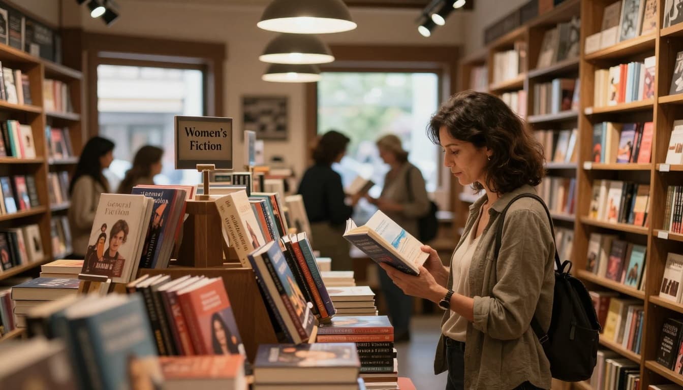 A hyperrealistic cozy bookstore interior with wooden shelves labeled Women's Fiction and General Fiction, featuring a woman in her 40s browsing and holding a book with a beach scene cover, under warm lighting and natural daylight.
