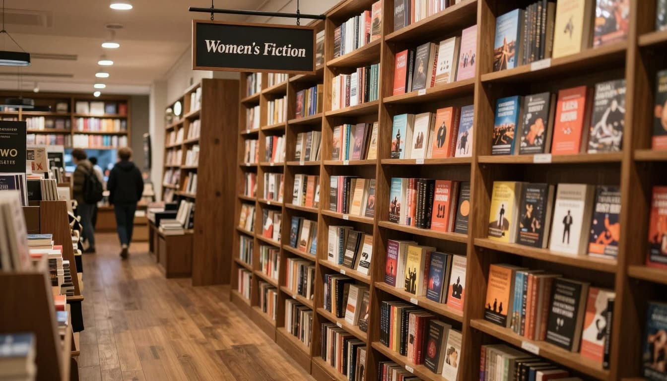 Hyperrealistic cinematic interior of a cozy independent bookstore, focusing on a wooden bookshelf under a 'Women's Fiction' sign filled with colorful paperbacks, warm lighting, empty inviting aisle, and blurred distant customers.
