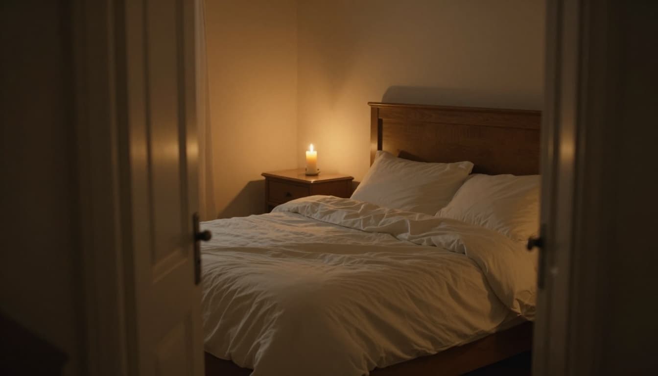 Hyperrealistic intimate view from an open bedroom doorway into a softly lit cozy room at night, with flickering candlelight casting a golden glow over rumpled white duvet and pillows on a large bed.